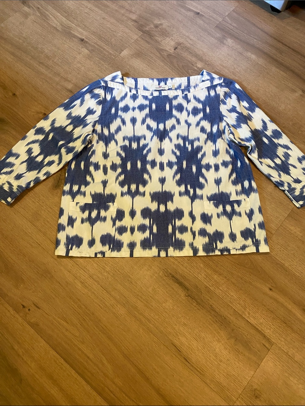 Vineyard Vines Tunic Womans XL Blue/Wht Ikat Relaxed Boatneck 3/4 Sleeve Preppy‎